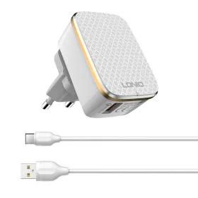 Kucni punjac LDNIO A1204Q Quick Charge 3.0 USB 5V 2.4A sa type C kablom beli.