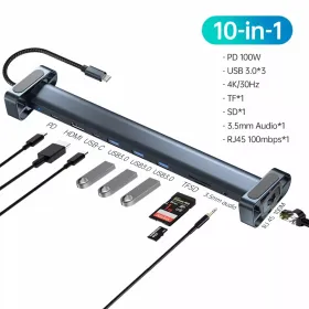 Adapter Type C JWD-TC45 na LAN, PD, HDMI, Type C, 3x USB 3.0, SD, TF, 3.5mm 10 u 1 sivi.