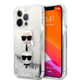Futrola - maska Karl Lagerfeld Hc Liquid Glitter 2 Heads za iPhone 14 Pro 6.1 srebrna (KLHCP14LKICGLS).