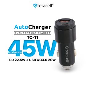 Auto punjac Teracell Evolution TC-11 PD 22.5W + USB QC3.0 20W, 45W (total) sa PD Lightning kablom crni.