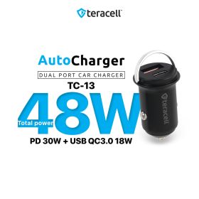 Auto punjac Teracell Evolution TC-13 PD 30W + USB QC3.0 18W, 48W (total) sa PD Type C kablom crni.