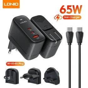 Kucni punjac sa adapterima LDNIO Q366 GaN QC3.0, 2xPD3.0 PPS 65W sa Type C na Type C kablom crni.