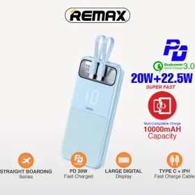 Power Bank prenosiva baterija with 2 Fast Charging Cables Remax Stervui Series RPP-619 PD 20W+ QC 22.5W 10000mAh plavi.