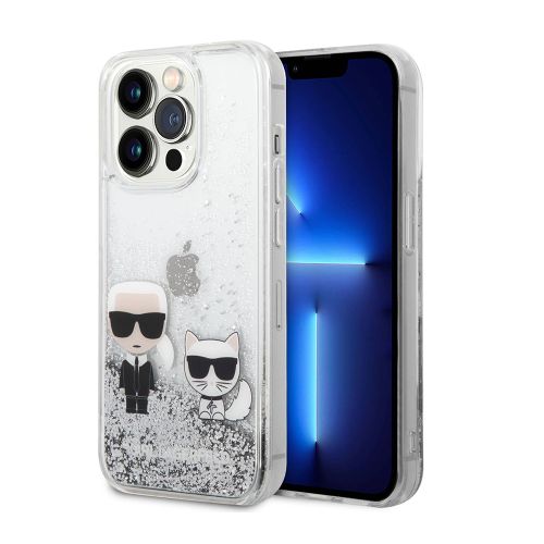 Futrola - maska Karl Lagerfeld Hc Liquid Glitter Karl&Choupette za iPhone 14 Pro 6.1 srebrna (KLHCP14LGKCS).