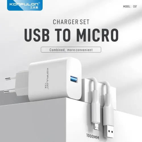 Kucni punjac KONFULON C87, 3A, 15W, sa micro USB kablom white.