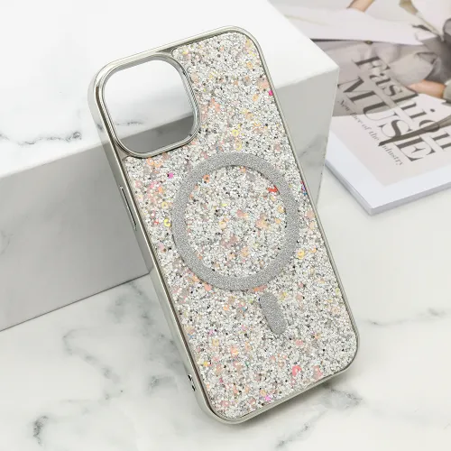Futrole GLAM GLOW MagSafe za iPhone 15 (6.1) srebrna (MS).
