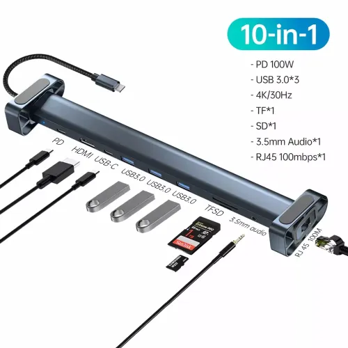 Adapter Type C JWD-TC45 na LAN, PD, HDMI, Type C, 3x USB 3.0, SD, TF, 3.5mm 10 u 1 sivi.