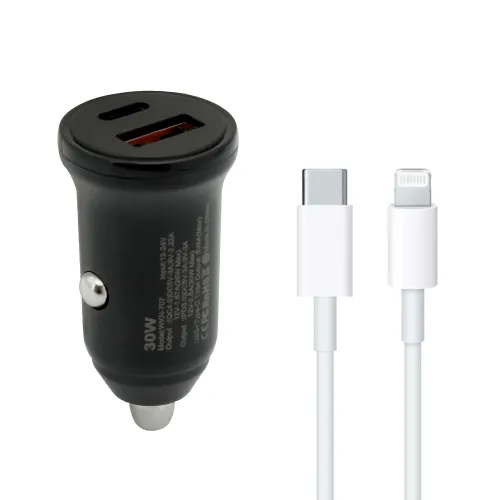 Auto punjac 30W USB-A + Type-C ulaz sa Type-C na Lightning kablom sivi (MS).