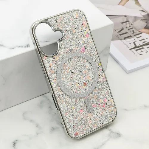 Futrola - maska GLAM GLOW MagSafe za iPhone 16 (6.1) srebrna (MS).