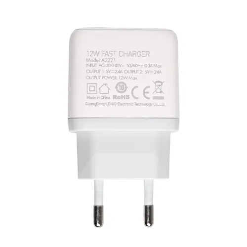 Kucni punjac LDNIO A2221 2xUSB, 12W sa micro USB kablom beli.