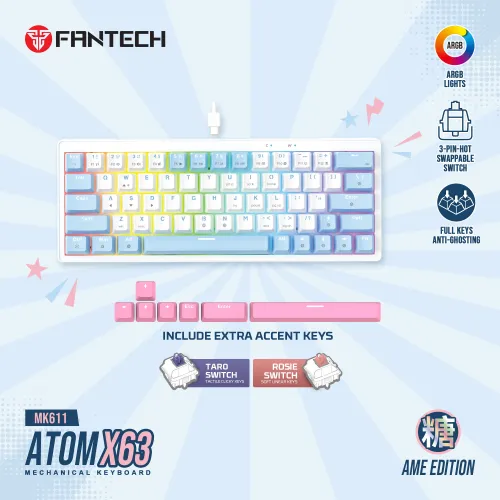 Tastatura Mehanicka Gaming Fantech MK611 Atom x63 AME bela (taro switch).