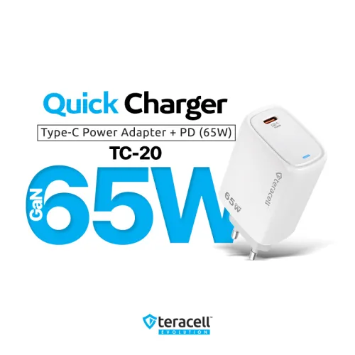 Kucni punjac Teracell Evolution TC-20, GAN, PD Fast charging 65W sa PD type C kablom beli CE.