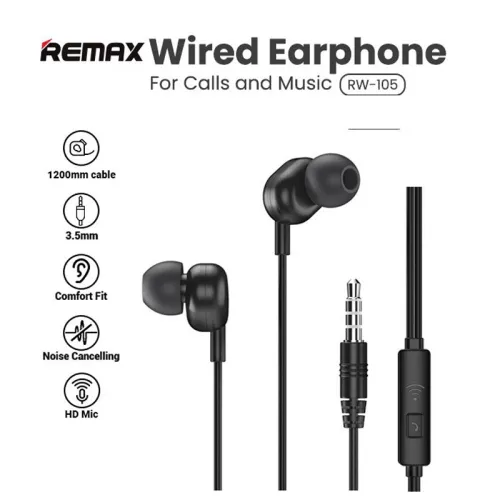 Slusalice Remax Wired RW-105 3.5 mm crne.