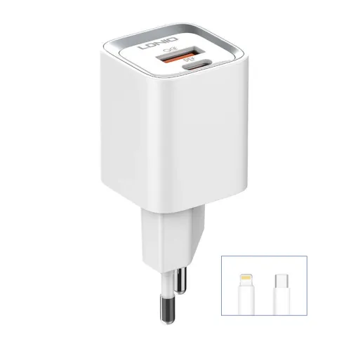 Kucni punjac LDNIO A2318C 20W PD Quick Charge 3.0 sa Type C na iPhone lightning kablom beli.