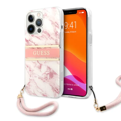 Futrola - maska Guess Marble Strap za iPhone 13 Pro 6.1 roze (GUHCP13LKMABPI).
