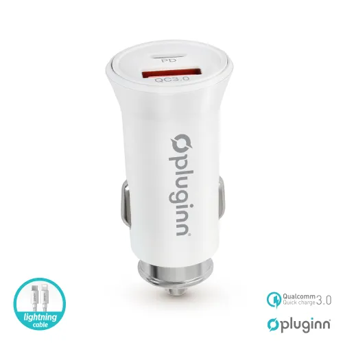 Auto punjac Pluginn PI-21S, PD 20W, QC 3.0 18W, sa PD lightning kablom beli.