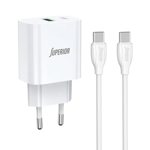 Kucni punjac Superior SU-P102 20W Super Fast USB A QC3.0+Type C sa Type C na Type C kablom beli (CERT) (MS).