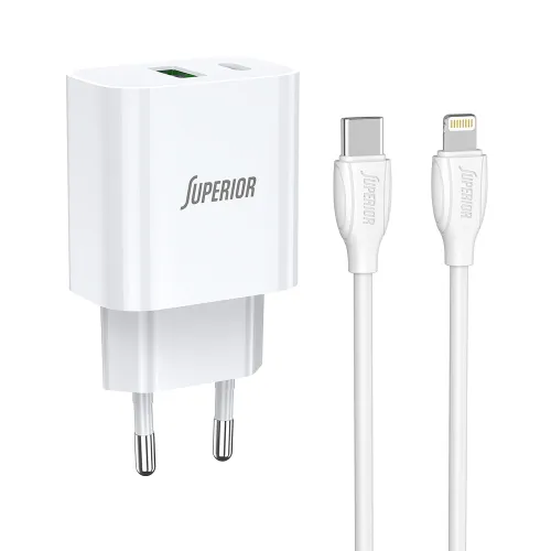 Kucni punjac Superior SU-P102 20W Super Fast USB A QC3.0+Type C sa Type C na Lightning kablom beli (CERT) (MS).