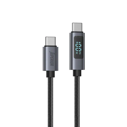 USB data kabl Superior SU-K107 pleteni 100W 5A Type-C na Type-C sa LED ekranom 1m crni (MS).