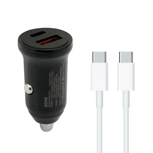 Auto punjac 30W USB-A + Type-C ulaz sa Type-C na Type-C kablom sivi (MS).