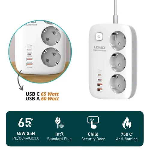 Produzni kabl LDNIO SE3436 EU 3 uticnice + 2xUSB QC 2xPD GaN 2m.
