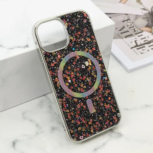 Futrola - maska GLAM GLOW MagSafe za iPhone 15 (6.1) crna (MS).