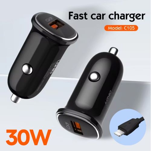 Auto punjac LDNIO C105, QC3.0, 30W USB Lightning crni.